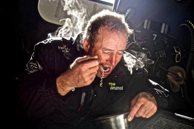 Onboard Team Brunel - Jens Dolmer manages a short break below deck to refuel and regain some energy - Volvo Ocean Race 2015 © Stefan Coppers/Team Brunel
